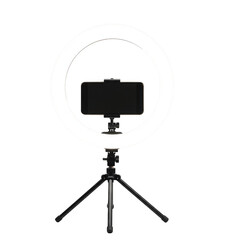 Ring light with smartphone isolated on transparent background for video calls, streaming, and photography uses.