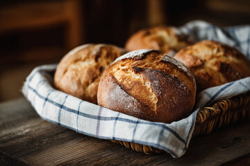Bread in a basket on a wooden board