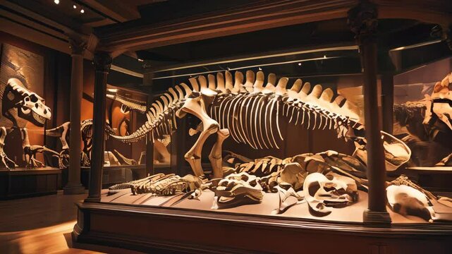 video Dinosaur bones displayed in a museum exhibit, carefully arranged in lifelike poses under dramatic lighting, offering a glimpse into prehistoric life and fascinating paleontological discoveries