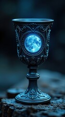 Blue cup with a glowing moon on it. The cup is sitting on a rock. The cup is a symbol of the moon