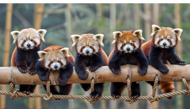 A red panda gracefully climbs bamboo in a serene, misty forest filled with lush greenery. - Powered by Adobe