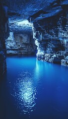 Breathtaking icy glacier cave with stunning blue light illuminating the beautiful ice formations
