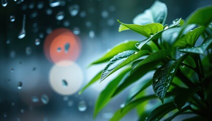Serene foliage display through raindrop-covered glass, urban bokeh backdrop