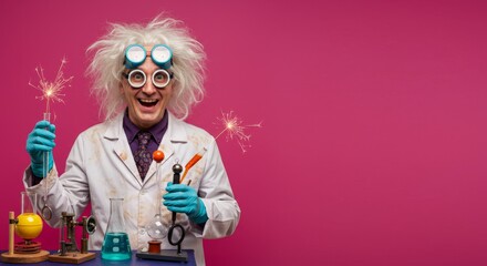 Eccentric scientist with lab tools and sparklers