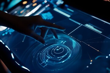 Futuristic data analysis concept with a person's hand manipulating a complex interactive holographic screen displaying network analytics
