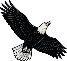 Black vector silhouette of a flying eagle with outstretched wings, symbolizing freedom and wildlife