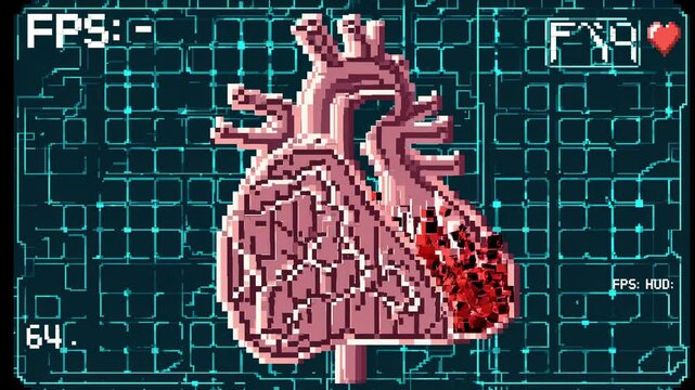 Pixel art representing a heart organ slowly dissolving, displayed on a heads-up display (hud) with frame rate and health points indicators, symbolizing loss of health in a videogame