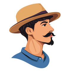 Stylish Young Man with Hat and Mustache in Profile View for Advertisement Materials