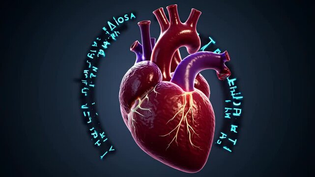 Realistic 3d rendering of a human heart surrounded by glowing medical acronyms, representing various cardiovascular conditions and highlighting the complexity of heart health