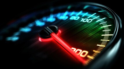 Speedometer displaying over 200 with a striking red zone highlighting high velocity