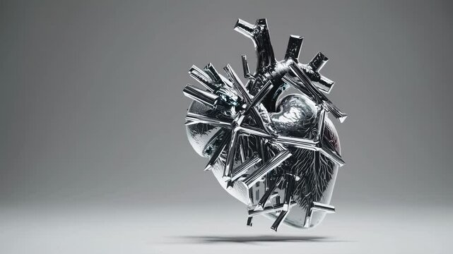 Highly detailed anatomical model of human heart rotating on a plain background, showcasing its complex structure and glossy surface, ideal for medical illustrations and health-related presentations