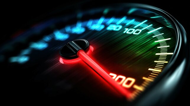 Speedometer displaying over 200 with a striking red zone highlighting high velocity