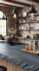 Contemporary kitchen showcases a sleek black stone countertop, ceramic hob, and minimalist decor for product display or advertising