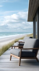 Fototapeta premium Balcony offers a stunning ocean view with wood floors, white walls, and stylish furniture for relaxation on a bright sunny day