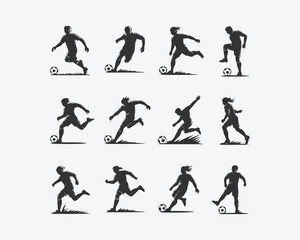Obraz premium Female Soccer Players in Action - Dynamic Illustrations of Women Kicking and Dribbling