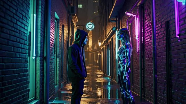 Cyberpunk hacker wearing a hoodie encountering an android in a dark, rainy alley illuminated by vibrant neon lights, set against the backdrop of a futuristic city at night