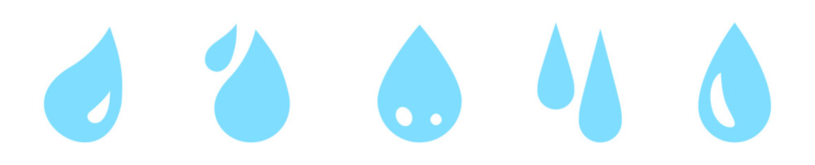 Conjunto de gotas de agua. Hidratación, fluidez y naturaleza. Concepto de lluvia, gota azul. Ilustración vectorial