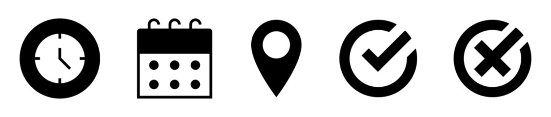 Conjunto de iconos de planificación de actividades. Gestión de eventos, organización, programación. Reloj, calendario, ubicación, aprobación, cancelar. Ilustración vectorial