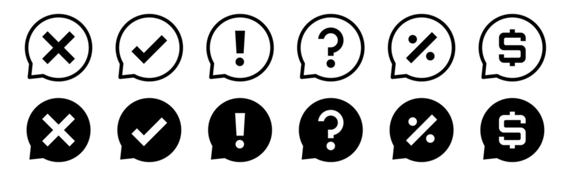 Conjunto de iconos de globos de di&aacute;logo con s&iacute;mbolos. Rechazo, aprobaci&oacute;n, advertencia, duda, porcentaje, finanzas. Estilo lineal y s&oacute;lido. Ilustraci&oacute;n vectorial