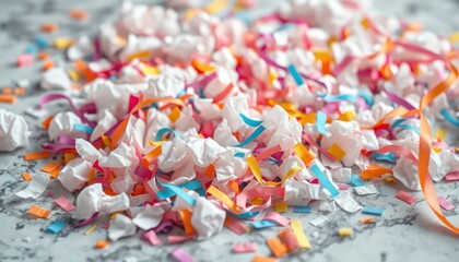 Festive confetti and streamers scattered across a textured surface