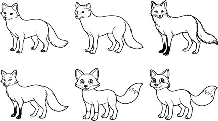Set of  Vector hand drawn cute animal set. Sketch illustration with walking, playing and sleeping foxes.
