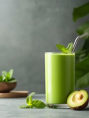 Green matcha smoothie with mint leaves and metal straw