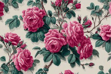 A seamless floral pattern with pink roses and green leaves on a light beige background in full frame view.,