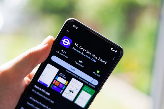 Lifestyle image of a smartphone displaying the Tfl Go app on the Google Play Store