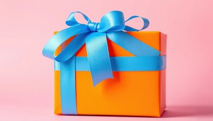 Festive orange gift box adorned with a bright blue satin ribbon on pink background