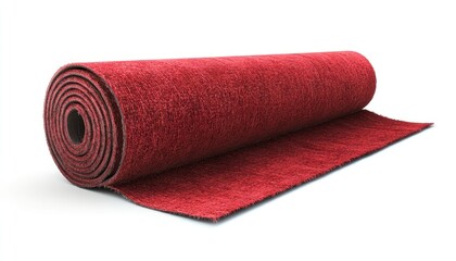 A close up shot of a rolled up red carpet isolated on a white background studio shot