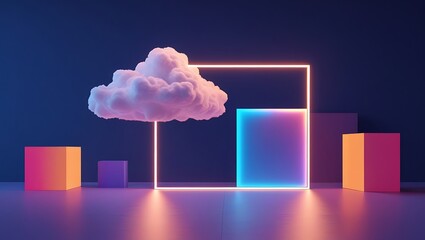 Abstract 3D rendering with cloud, neon square and geometric shapes