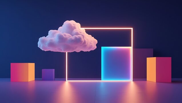 Abstract 3D rendering with cloud, neon square and geometric shapes
