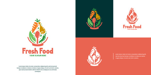 Healthy food logo with an arrangement of various vegetables and meat, restaurant menu, vector graphic template.