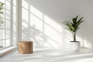 Clean white studio with wooden cylinder for products