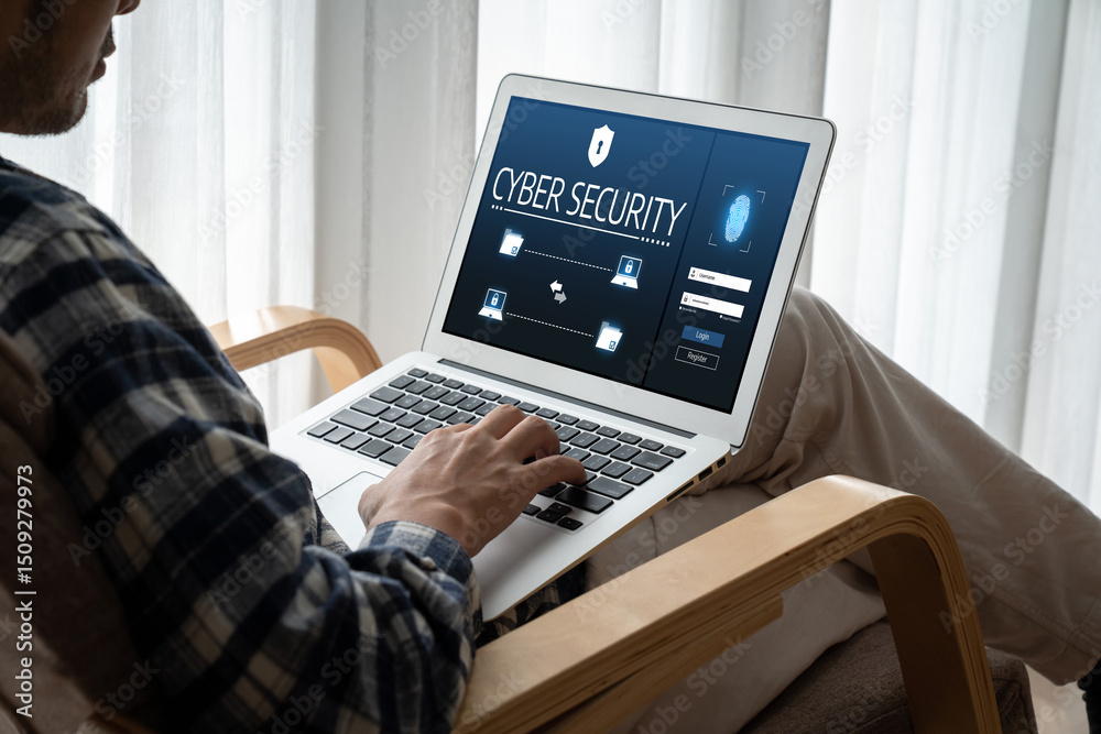 Poster cyber security system on computer screen protect private information snugly from hacker and cyber at