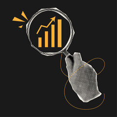 Modern halftone collage a hand with a magnifying glass and chart in trendy vintage style,concept of business analytics,analysis chart