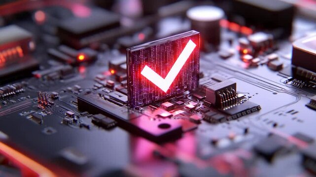 Computer circuit board with red check mark integration for system validation and technology concept