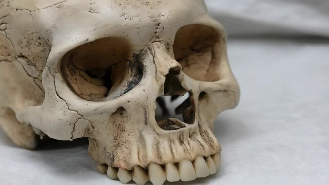 Close-up studio shot of a human skull displaying facial bones, eye sockets, teeth, and cranial structure on a white background.