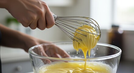 Delicious batter creation, home baking process using whisk and glass bowl