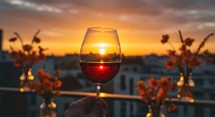 Sunset reflections in a glass of red wine, romantic evening scene with flowers