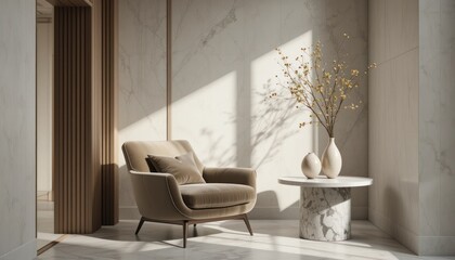 Harmonious Interior Scene with Modern Armchair and Elegant Marble Accents Creating Serene Ambience