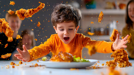 Joyful Toddler Playing with Fried Chicken in a Kitchen