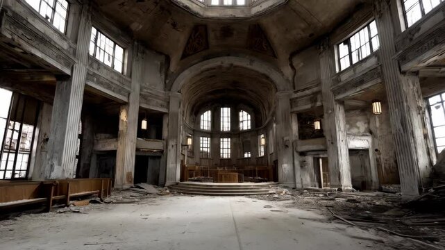Abandoned domed hall with large columns, arched windows, pews and rubble in an aged, decrepit condition, light streams through the windows