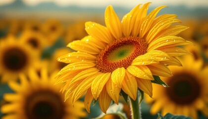 Radiant Sunflower Portrait Glistening with Dew in a Field of Golden Blooms