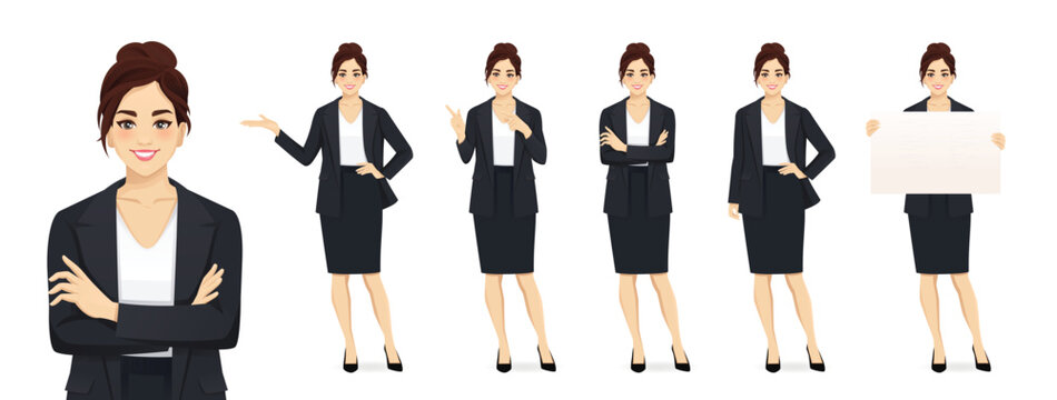 Set of elegant business young woman wearing black suit in different poses set. Various gestures pointing, showing, standing, holding empty blank board. Isolated vector illustration