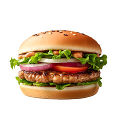 Appetizing Meat Burger With Lettuce Onion Tomato On Clear Png Background