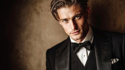 Fototapeta premium Elegant studio portrait of a male fashion model wearing a classic black tuxedo and bowtie