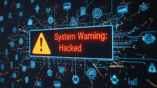 System warning hacked message on a digital screen with blue icons and circuit board visual effect