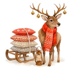 Freehand illustration of a deer in watercolor isolated on white background. Hand drawn watercolour Christmas reindeer  © Julia