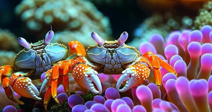 Two orange and white crabs on a purple coral reef in a vibrant underwater scene.